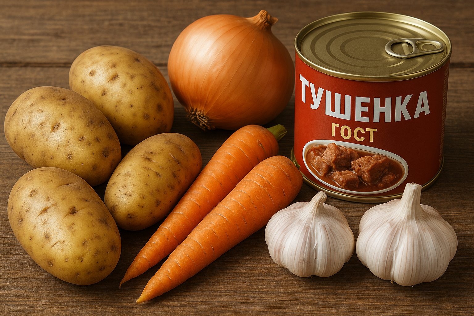 фото: Простейшие рецепты из ингредиентов: Картошка, лук, морковь, чеснок, тушtнка