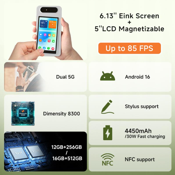 фото: Первый в мире E-Ink-смартфон с частотой обновления 85 FPS — HiBreak Dual 3 с двумя экранами (E-Ink + магнитный LCD) — уже доступен для предзаказа. На базе Dimensity 8300
