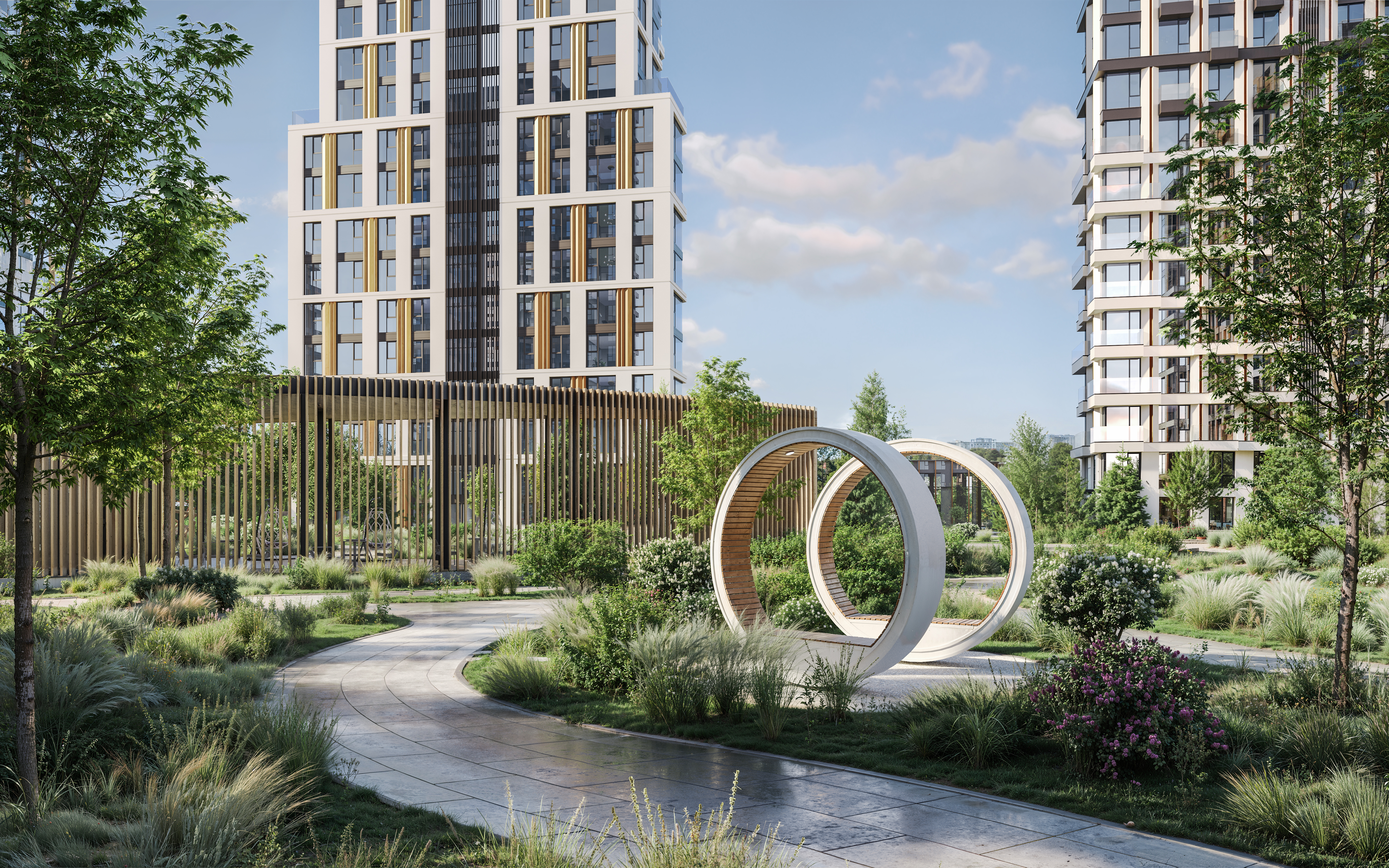 фото: Живой антистресс: как многослойное озеленение в «Клубном городе на реке «Примавера» создает непрерывный цикл цветения с весны до осени